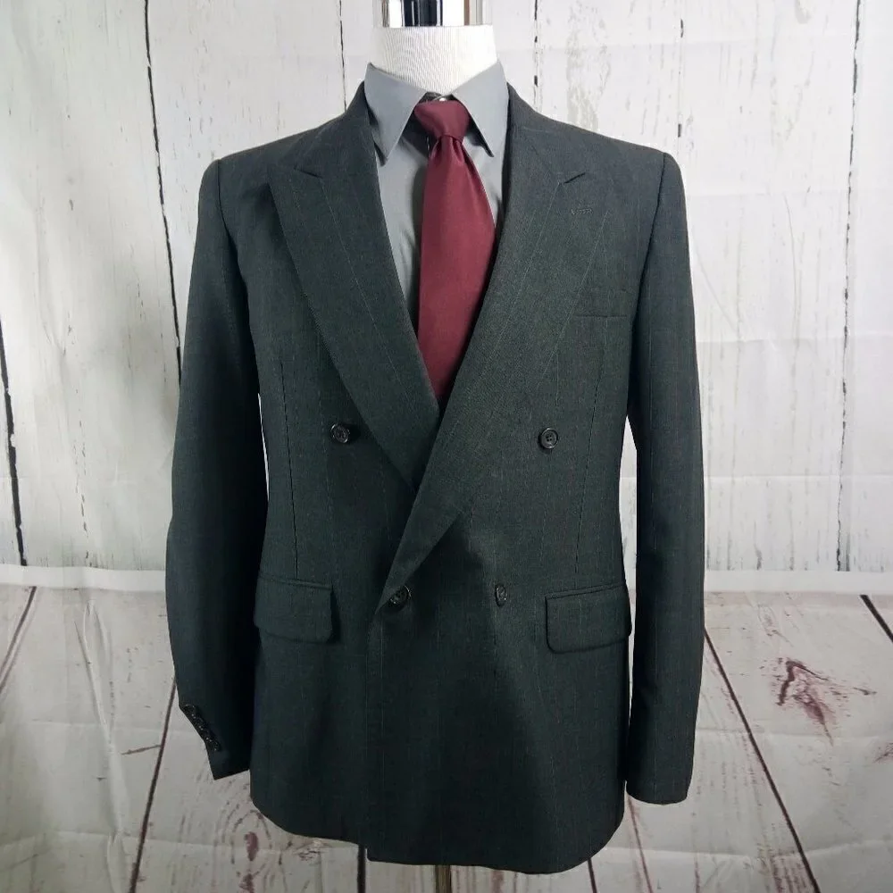 Evan Picone 41R 2 Button Double Breasted Dk Gray Striped Suit Blazer Sport Coat
